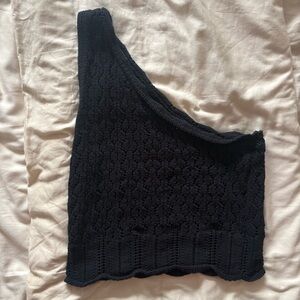 Black One-Shoulder Crochet Crop Top